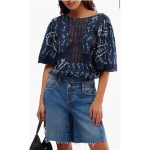 Free People Bali Tate Navy Floral Lace-Trimmed Bodysuit Open Back Size XL